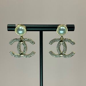 Gold Pearl & Rhinestone Dangle Earrings